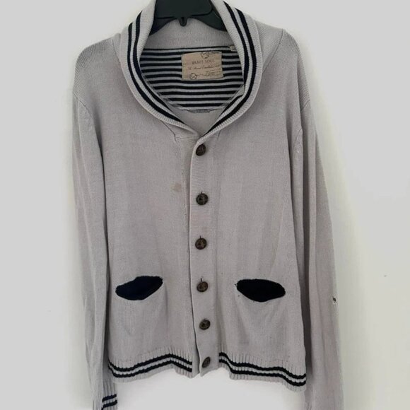 Brave Soul Women's L Shawl Collar Cardigan Sweater Gray Black Striped Button-Up - Picture 2 of 4